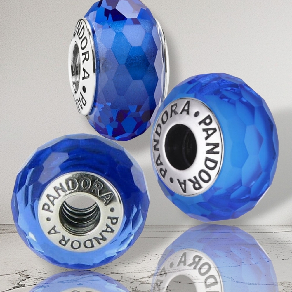 PANDORA Blue Fascinating Faceted Murano Glass Sterling Silver Charm Retired